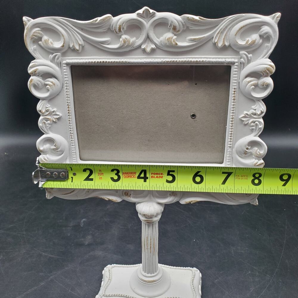 White Ornate Tabletop Picture Frame Pedestal Distressed 4x6 Horizontal